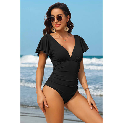 Charmo Women's Ruffled Flutter Sleeve Deep V Neck Backless One Piece Swimsuit Tummy Control Bathing Suit