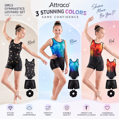 Attraco Girls' Galaxy Print Gymnastics Leotard Set with Shorts & Scrunchie, Sleeveless Dance Ballet Outfit 3 Pieces Set 5-12Years