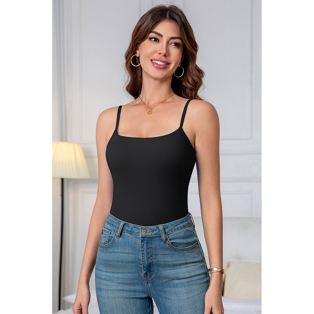 Attraco Women's Square Neck Tank Top Adjustable Spaghetti Strap Built In Bra Solid Basic Tops