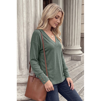 Attraco Women's Brushed V-Neck Long Sleeve Knit Top with Button Cuff Detail