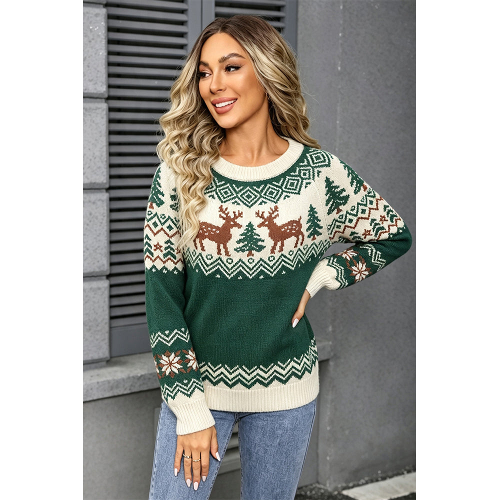 Attraco Women's Christmas Sweater Long Sleeve Crewneck Reindeer Snowflake Knit Pullover Holiday Winter Cozy Ugly Christmas Sweater