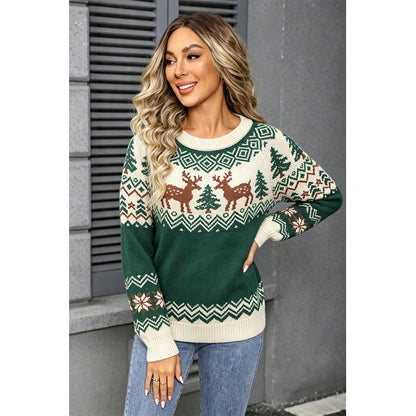 Attraco Women's Christmas Sweater Long Sleeve Crewneck Reindeer Snowflake Knit Pullover Holiday Winter Cozy Ugly Christmas Sweater