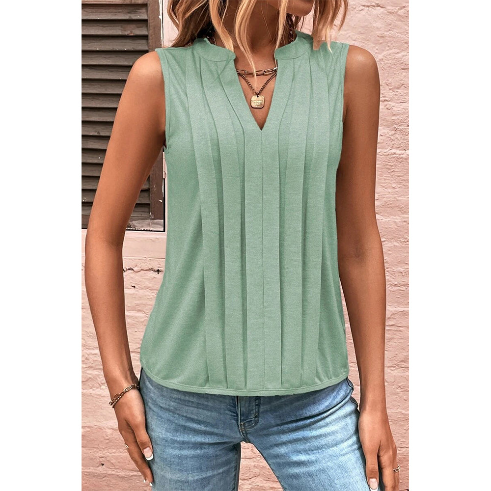 Attraco Women's Sleeveless Split V-Neck Pleated Casual Tank Top Summer Shirts