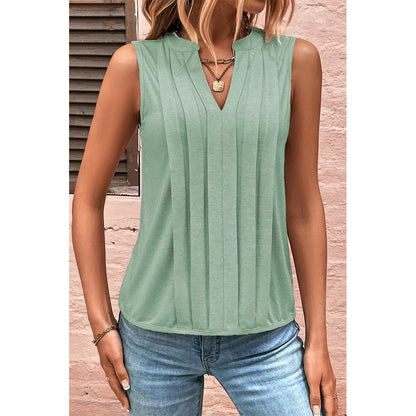 Attraco Women's Sleeveless Split V-Neck Pleated Casual Tank Top Summer Shirts