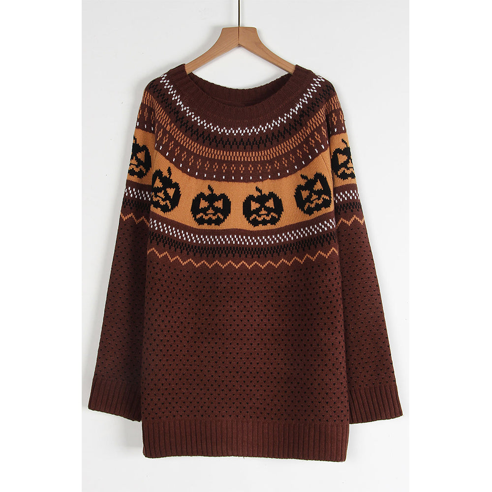 Attraco Women's Halloween Pumpkin Sweater Long Sleeve Crewneck Fair Isle Knit Pullover Fall Cozy Holiday Jumper