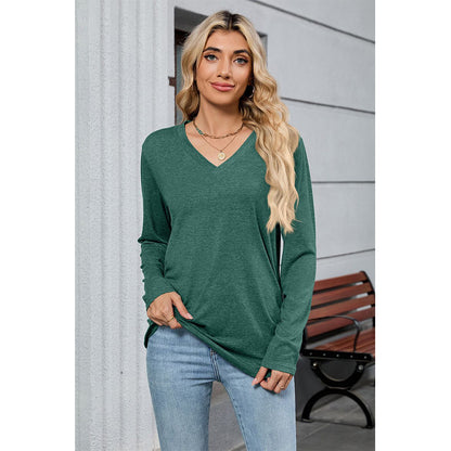 Attraco Women's Long Sleeve V Neck Tunic Top Soft Stretch Casual Shirt with Side Ruched Detail