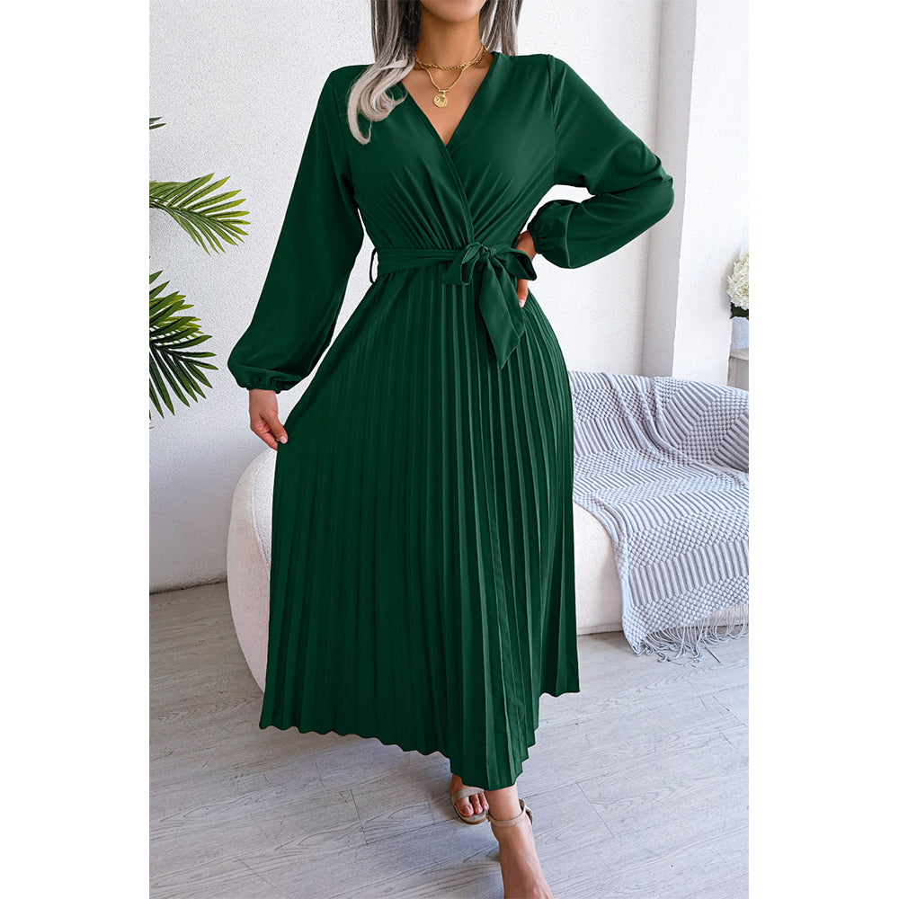 Attraco Women Wrap V Neck Belted Long Balloon Sleeve Pleated Midi Dress