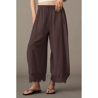 Attraco Women Elastic Drawstring High Waist Wide Leg Cropped Pants with Side Pockets and Lace Hem