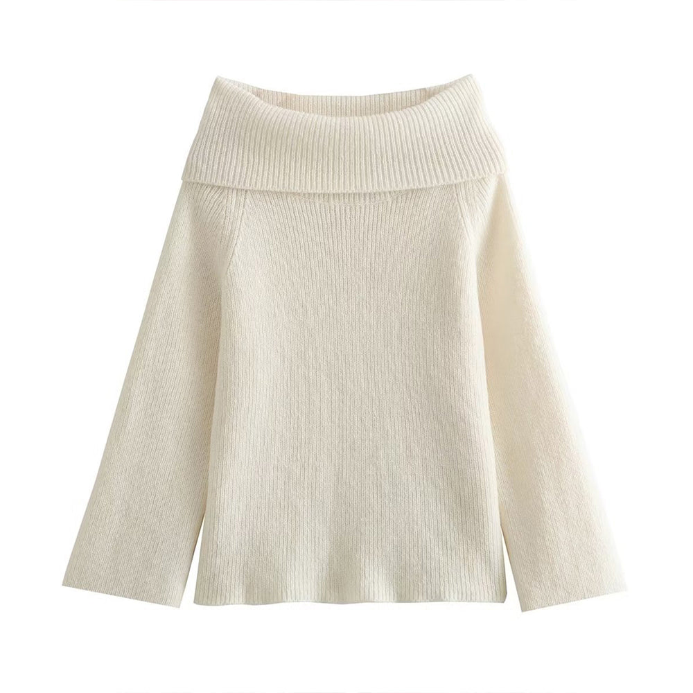 V For City Women's Autumn Winter Off-Shoulder Slim-Fit Solid Color Pullover Sweater
