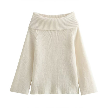 V For City Women's Autumn Winter Off-Shoulder Slim-Fit Solid Color Pullover Sweater