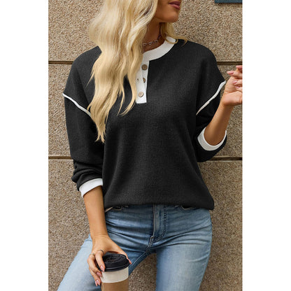 Attraco Women's Contrast Trim Henley Neck Long Sleeve Knit Top