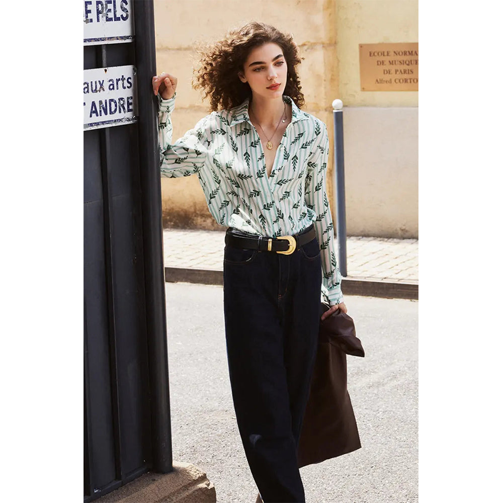 Attraco Women's Long Sleeve Leaf Print Button Down Blouse with Collared Neck