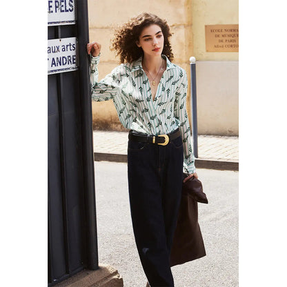 Attraco Women's Long Sleeve Leaf Print Button Down Blouse with Collared Neck