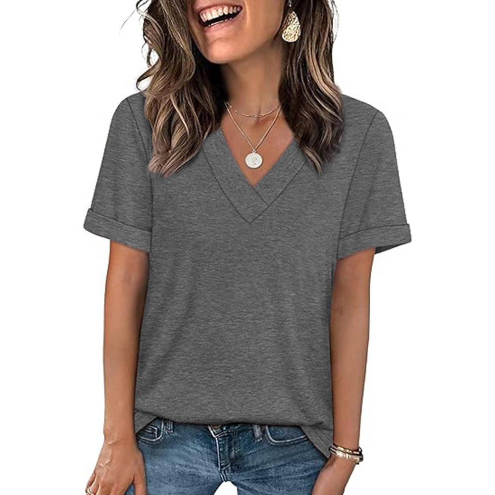 Attraco Women's V Neck Rolled Cuff Short Sleeve Loose Fit Casual T-Shirt Summer Tops