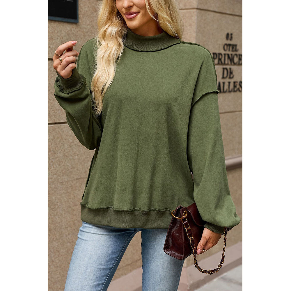 Attraco Women's Mock Neck Drop Shoulder Exposed Seam Long Sleeve Sweatshirt Pullover