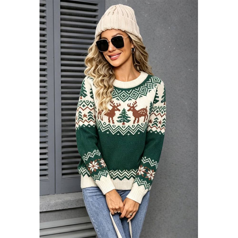 Attraco Women's Christmas Sweater Long Sleeve Crewneck Reindeer Snowflake Knit Pullover Holiday Winter Cozy Ugly Christmas Sweater