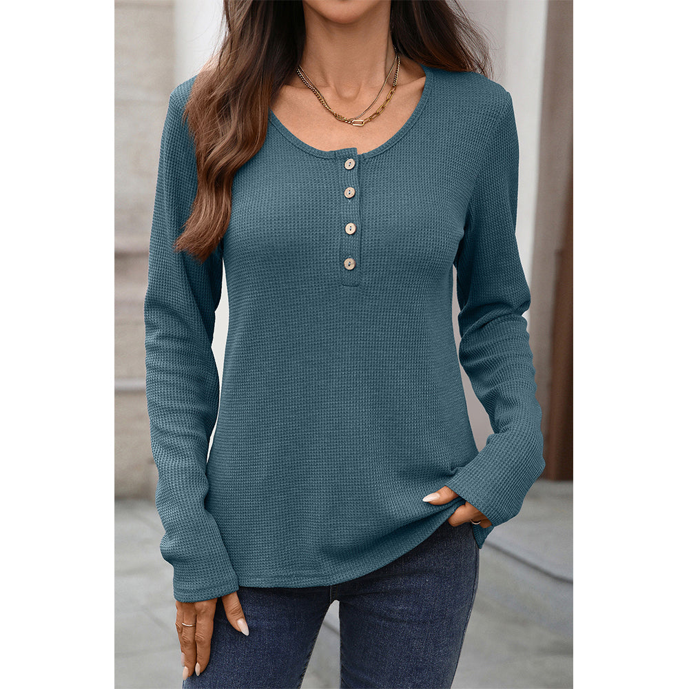 Attraco Women's Long Sleeve Henley Top Textured Knit Casual Shirt with Button Front