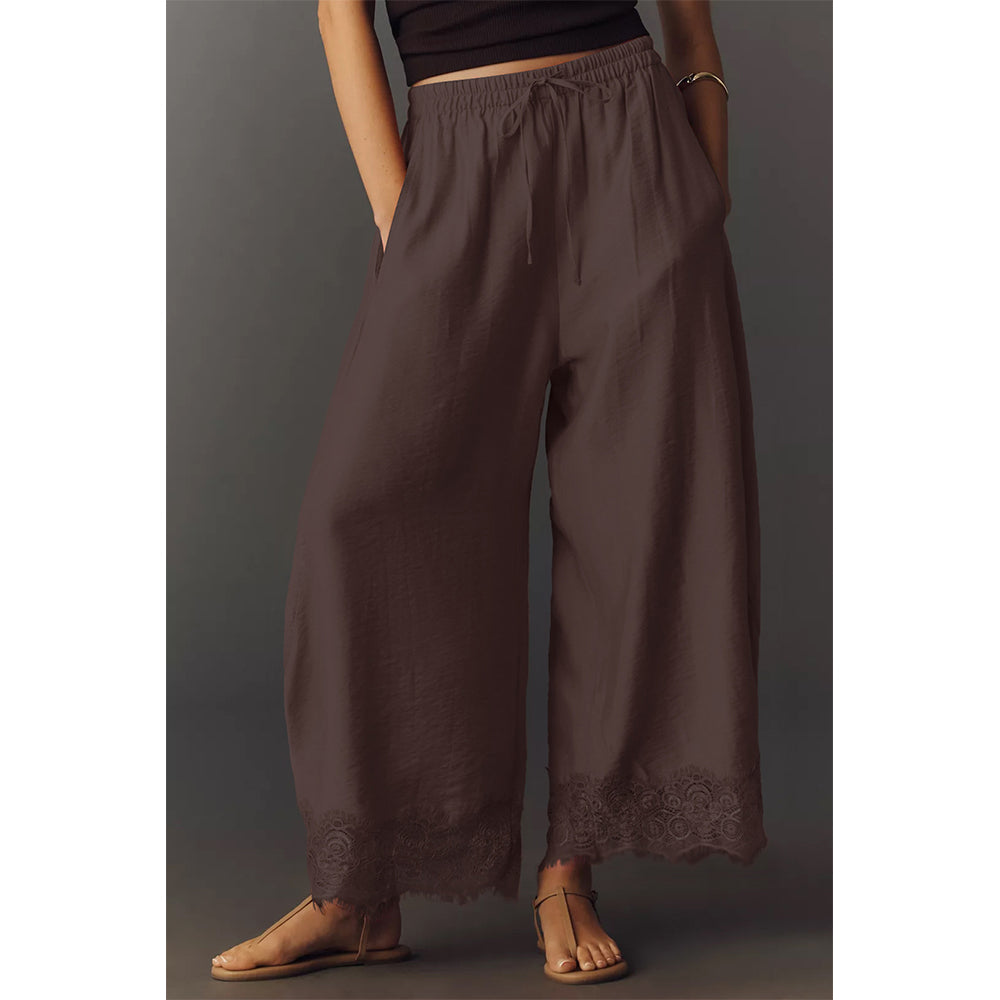 Attraco Women Elastic Drawstring High Waist Wide Leg Cropped Pants with Side Pockets and Lace Hem