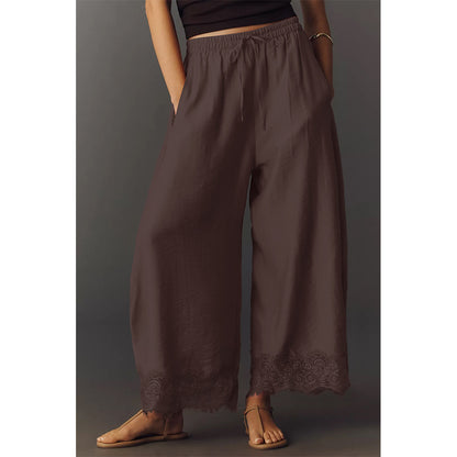 Attraco Women Elastic Drawstring High Waist Wide Leg Cropped Pants with Side Pockets and Lace Hem