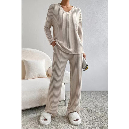 V For City Women's Fall/Winter Ribbed Knit Loungewear Set Loose V-Neck Top & Straight-Leg Pants Pajama Set