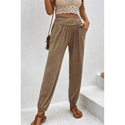 Attraco Women Cross Wrap High Waist Jogger Pants with Side Pockets Loungewear Trousers