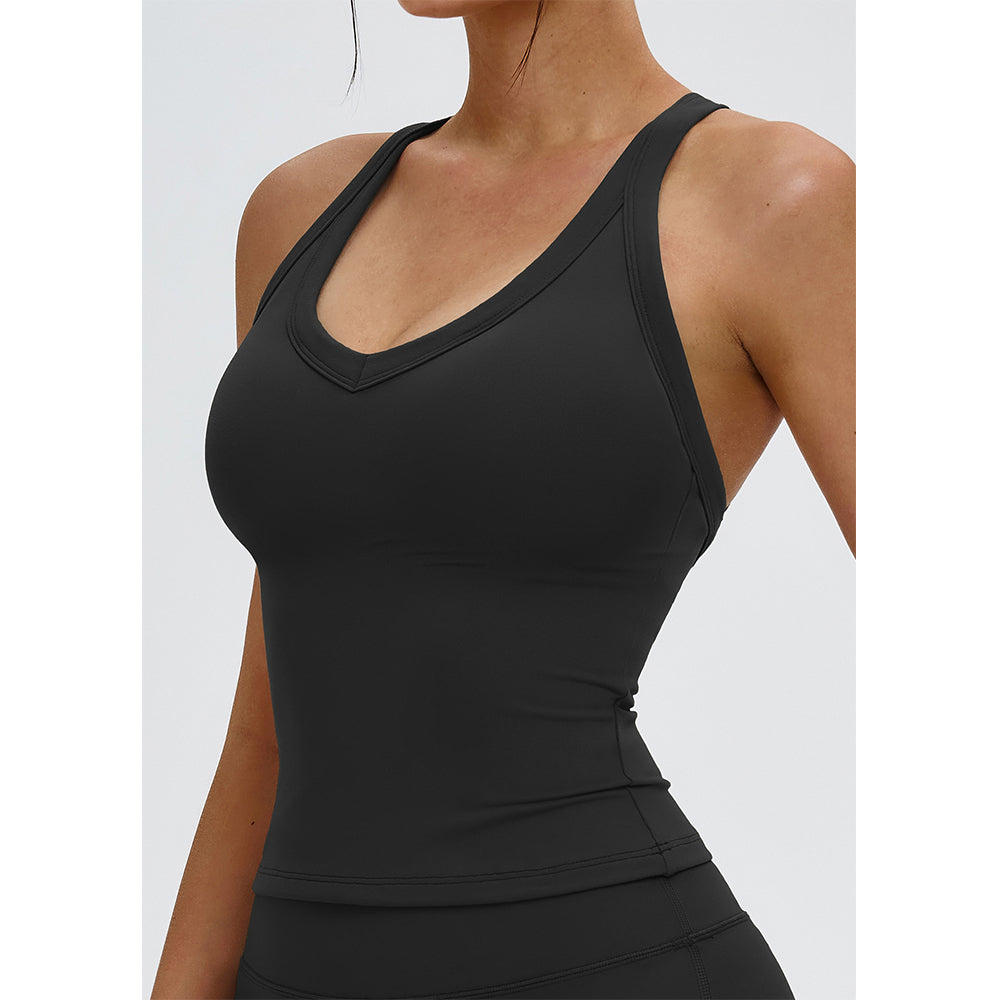 Attraco Women's V-Neck Y-Back Longline Sports Tank Top with Removable Pads