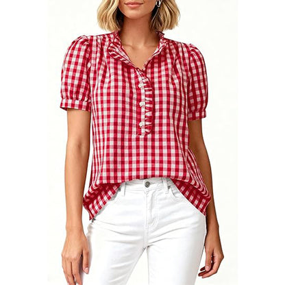 Attraco Womens Puff Short Sleeve Summer Tops Striped Plaid Ruffle V Neck Button Down Shirts Business Casual Work Blouses