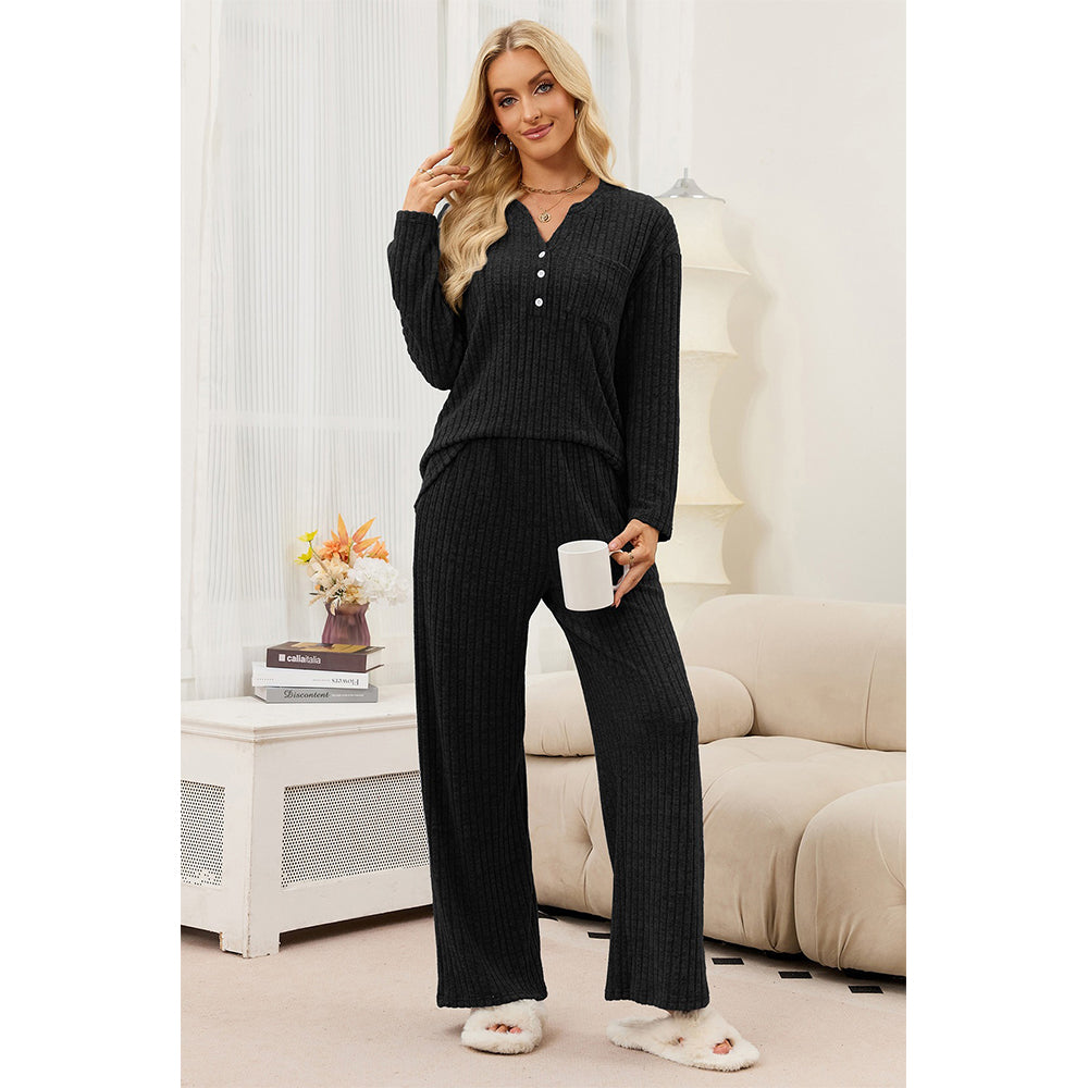 Attraco Women's Ribbed Pajama Set 2 Piece Lounge Set Long Sleeve Henley Top Wide Leg Pants Soft Knit Sleepwear