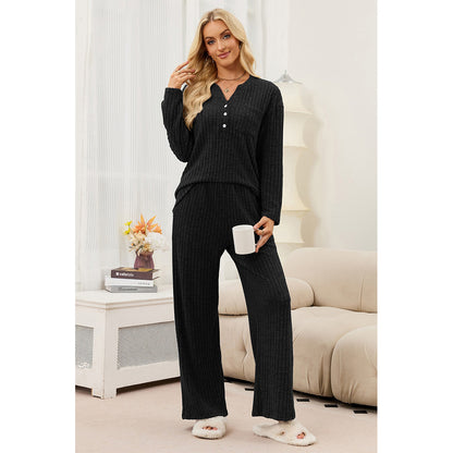 Attraco Women's Ribbed Pajama Set 2 Piece Lounge Set Long Sleeve Henley Top Wide Leg Pants Soft Knit Sleepwear