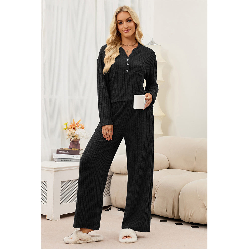 Attraco Women's Ribbed Pajama Set 2 Piece Lounge Set Long Sleeve Henley Top Wide Leg Pants Soft Knit Sleepwear