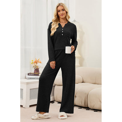Attraco Women's Ribbed Pajama Set 2 Piece Lounge Set Long Sleeve Henley Top Wide Leg Pants Soft Knit Sleepwear
