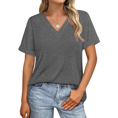 Attraco Women's V Neck Rolled Cuff Short Sleeve Loose Fit Casual T-Shirt Summer Tops