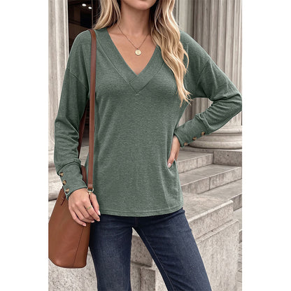 Attraco Women's Brushed V-Neck Long Sleeve Knit Top with Button Cuff Detail