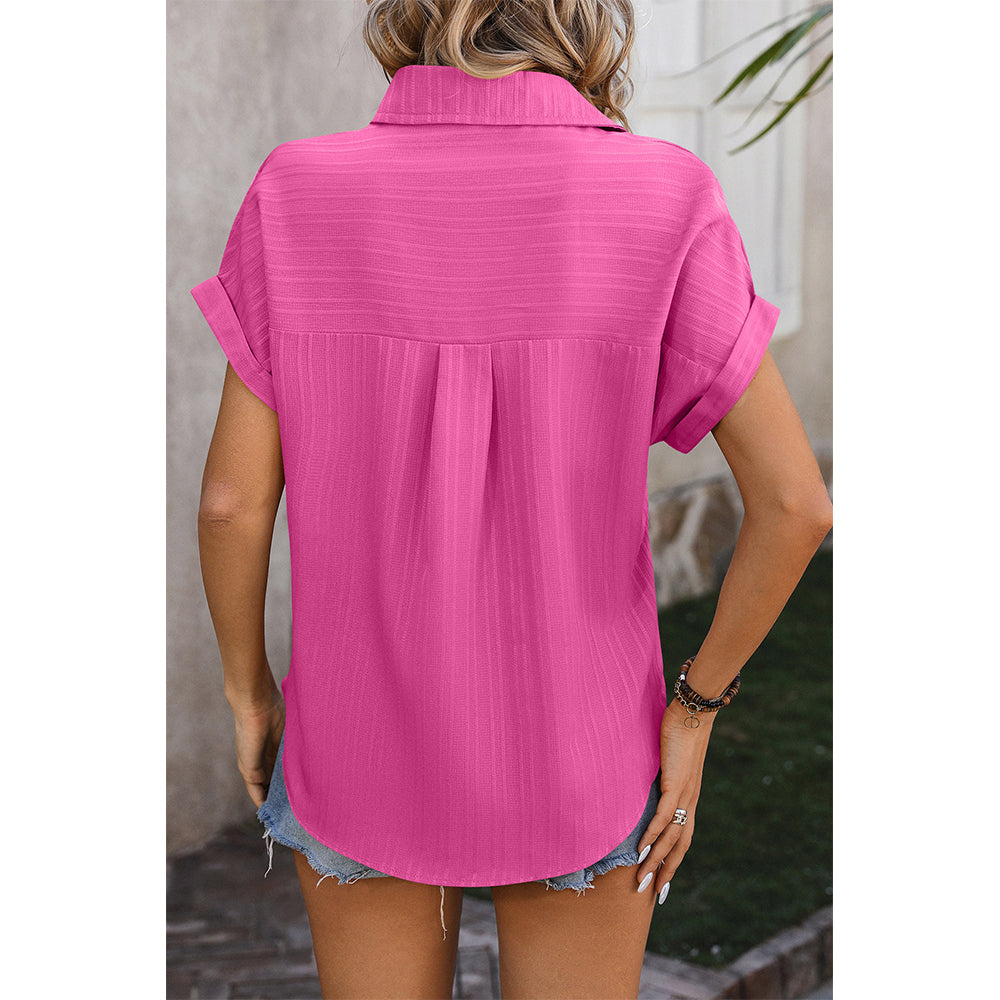 Attraco Women's Collared Short Sleeve Button Down Shirt with Textured Stripe and Back Pleat Blouse