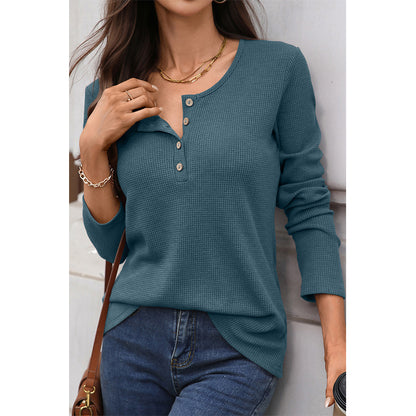 Attraco Women's Long Sleeve Henley Top Textured Knit Casual Shirt with Button Front