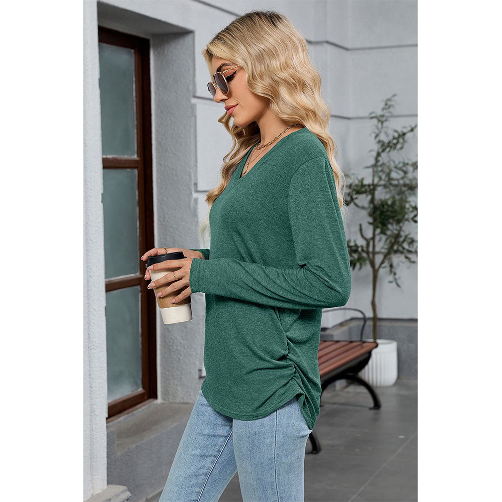 Attraco Women's Long Sleeve V Neck Tunic Top Soft Stretch Casual Shirt with Side Ruched Detail