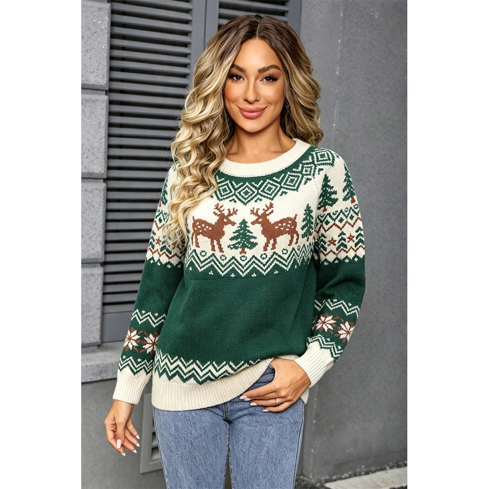 Attraco Women's Christmas Sweater Long Sleeve Crewneck Reindeer Snowflake Knit Pullover Holiday Winter Cozy Ugly Christmas Sweater