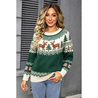 Attraco Women's Christmas Sweater Long Sleeve Crewneck Reindeer Snowflake Knit Pullover Holiday Winter Cozy Ugly Christmas Sweater