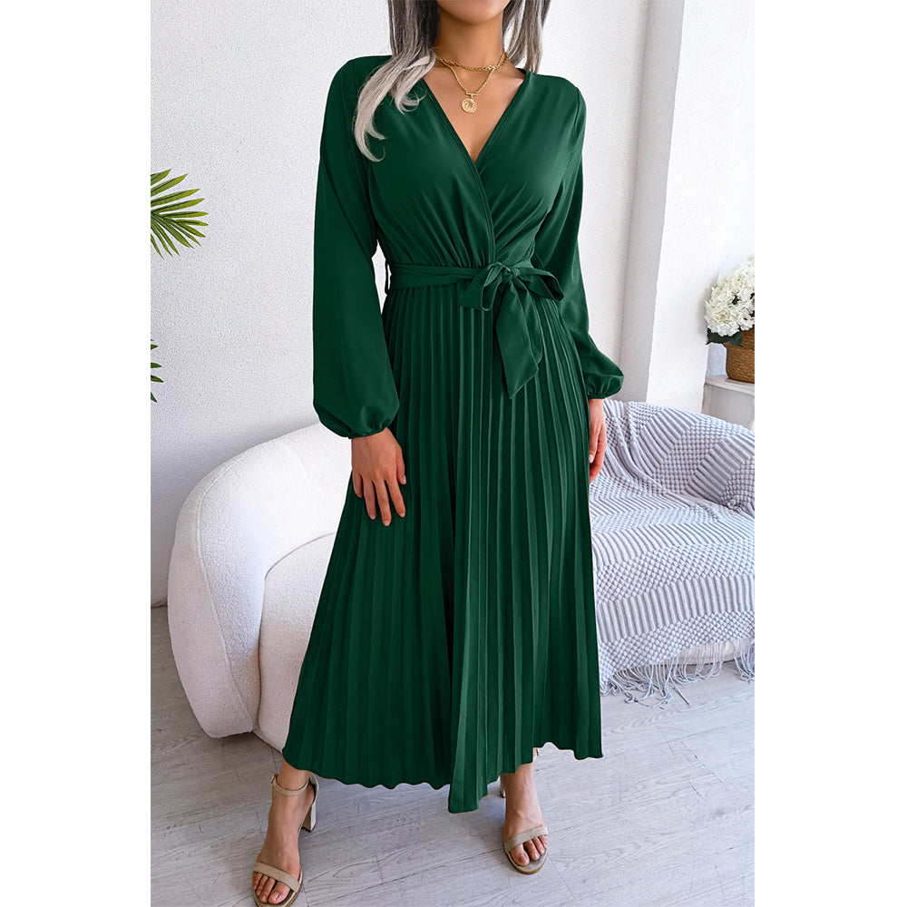 Attraco Women Wrap V Neck Belted Long Balloon Sleeve Pleated Midi Dress