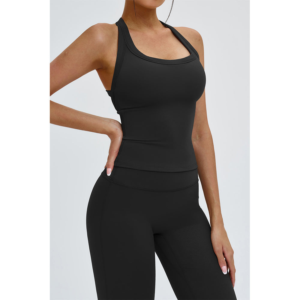 Attraco Women's Square Neck Halter T-Back Longline Sports Tank Top with Removable Pads Yoga Tops