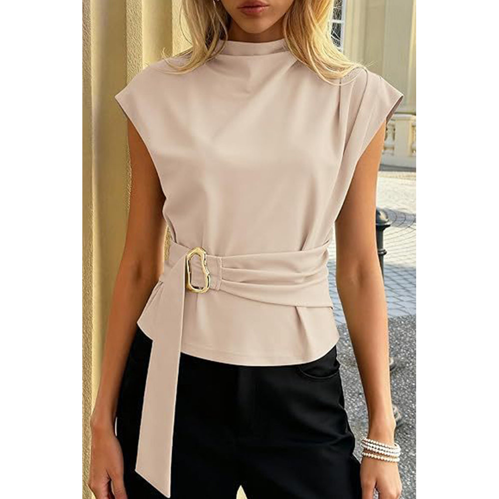 Attraco Women's High Neck Cap Sleeve Belted Blouse with Gold Buckle Business Casual Tops
