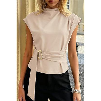 Attraco Women's High Neck Cap Sleeve Belted Blouse with Gold Buckle Business Casual Tops