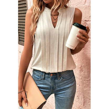 Attraco Women's Sleeveless Split V-Neck Pleated Casual Tank Top Summer Shirts