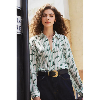 Attraco Women's Long Sleeve Leaf Print Button Down Blouse with Collared Neck