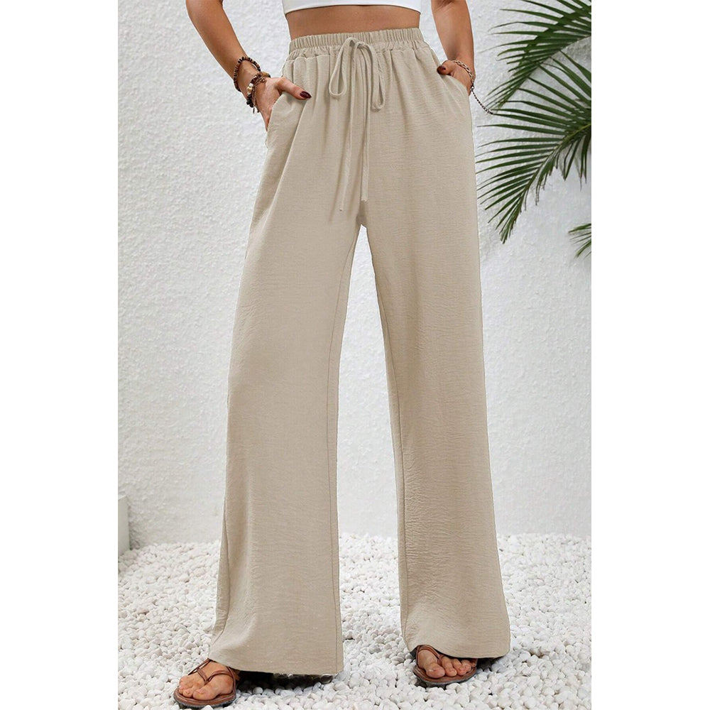Attraco Women Elastic Drawstring High Waist Wide Leg Pants with Side Pockets