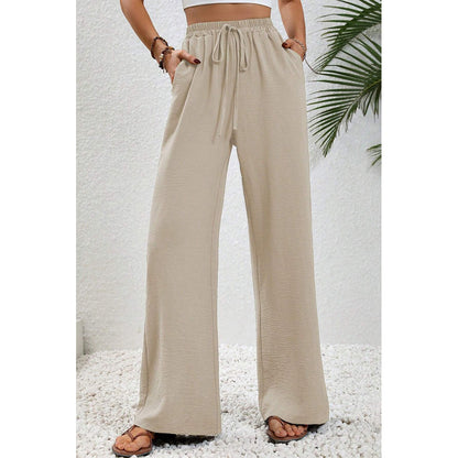 Attraco Women Elastic Drawstring High Waist Wide Leg Pants with Side Pockets