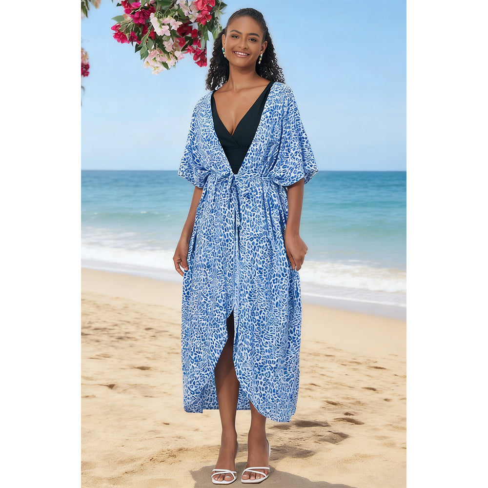 Charmo Women's Leopard Print Kimono Style Open Front Tie Waist Cover Up Swimming Maxi Dress