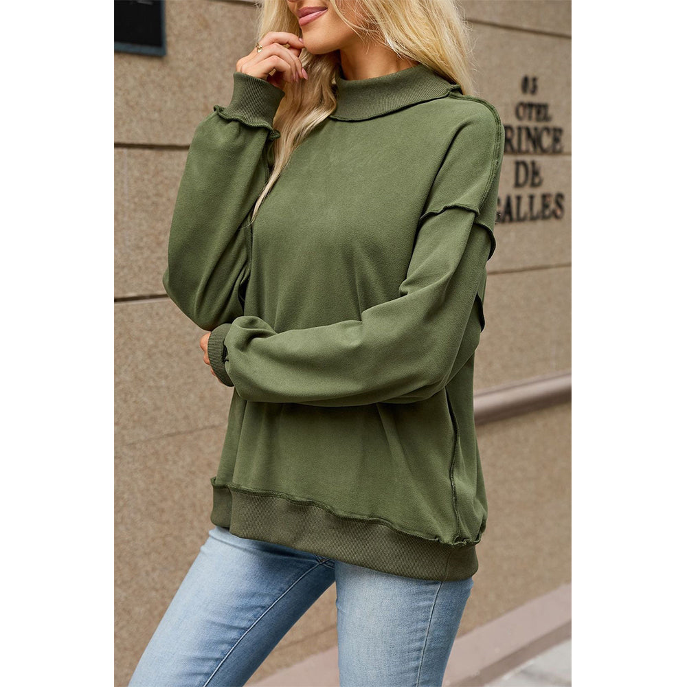 Attraco Women's Mock Neck Drop Shoulder Exposed Seam Long Sleeve Sweatshirt Pullover