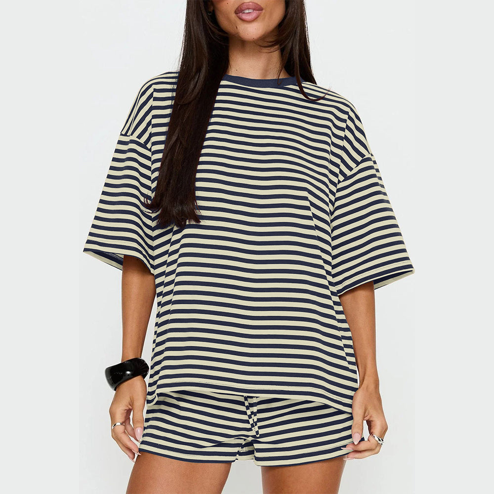 Attraco Women Striped Oversized Crew Neck Short Sleeve 2 Piece Pajama Loungewear Short Set
