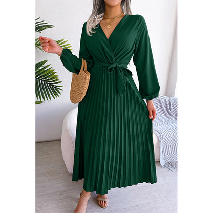 Attraco Women Wrap V Neck Belted Long Balloon Sleeve Pleated Midi Dress